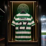 Celtic-shirt van Arne Engels met rugnummer 27 in een futuristische kleedkamer