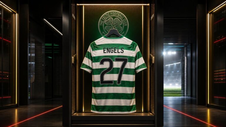 Celtic-shirt van Arne Engels met rugnummer 27 in een futuristische kleedkamer
