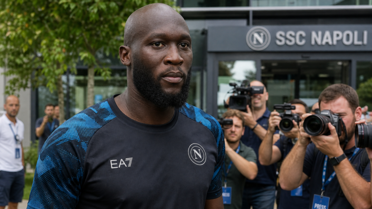 Romelu Lukaku bij de ingang van een trainingscomplex van Napoli.