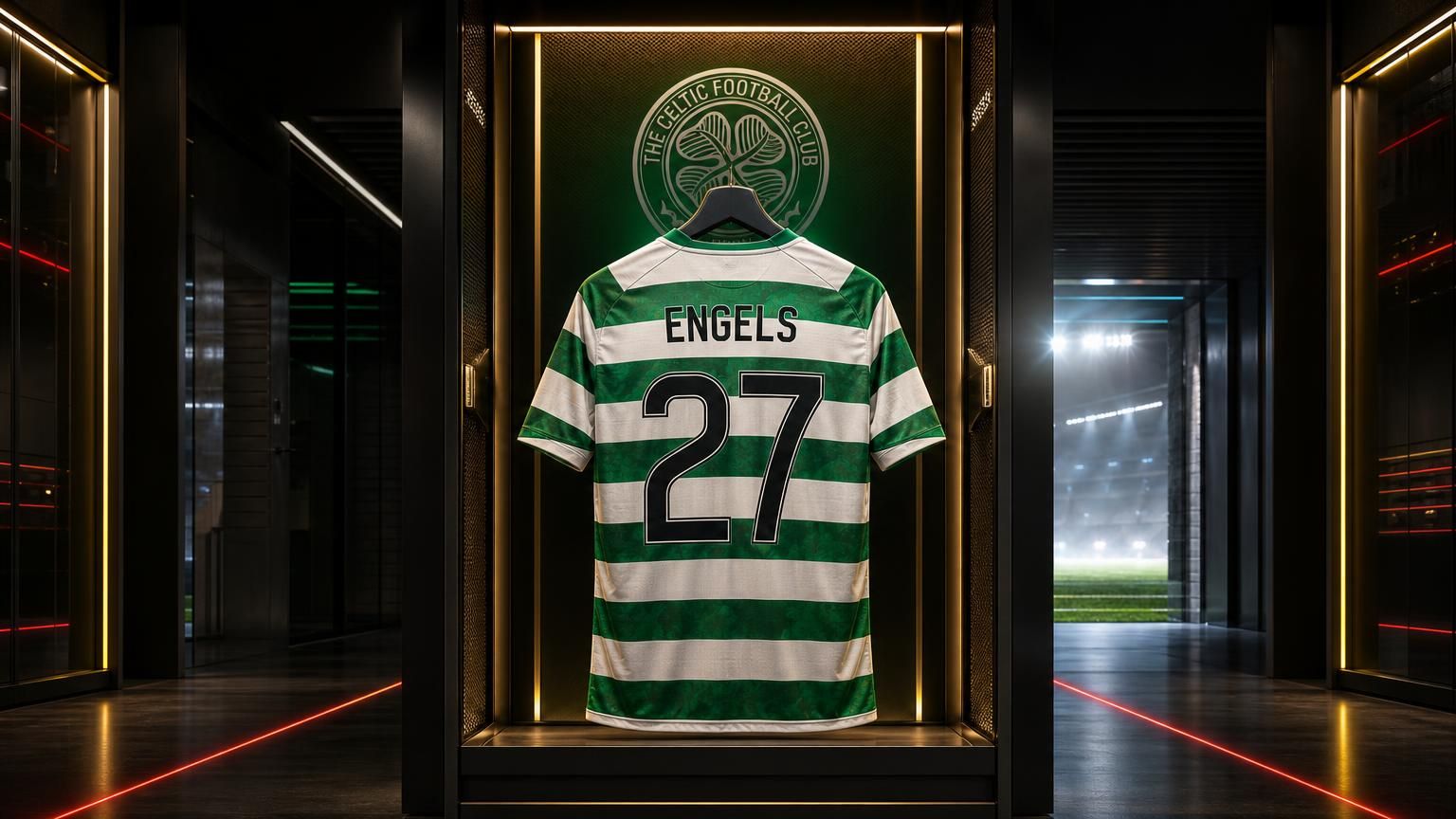 Celtic-shirt van Arne Engels met rugnummer 27 in een futuristische kleedkamer
