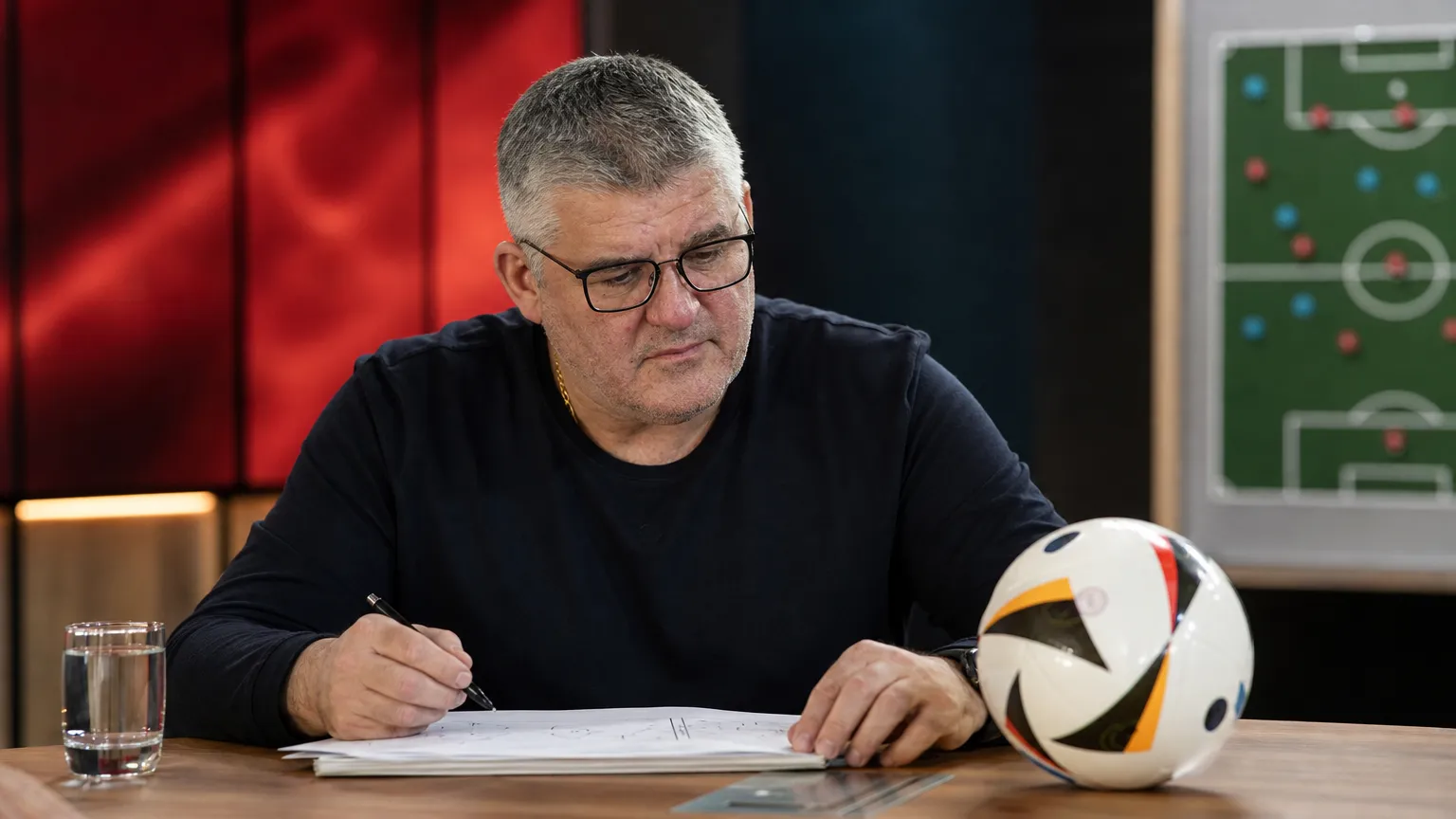 Philippe Albert aan een neutrale analysetafel met een voetbal.