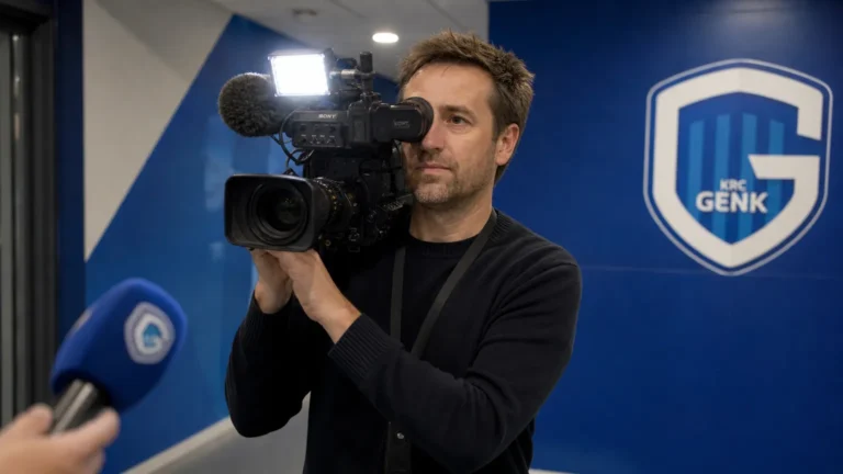 Een clubmedia-cameraman filmt een interview in de mixed zone van KRC Genk.