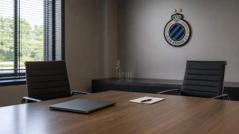 Een lege vergaderruimte van een voetbalclub met een discreet Club Brugge-embleem aan de muur.
