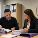 Administratieve medewerkers in een kantoorruimte van RSC Anderlecht met een discreet clubanker aan de wand.