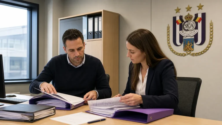 Administratieve medewerkers in een kantoorruimte van RSC Anderlecht met een discreet clubanker aan de wand.