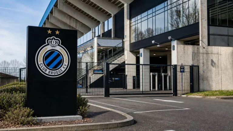 De ingang van een stadion met een discreet Club Brugge-clubanker.