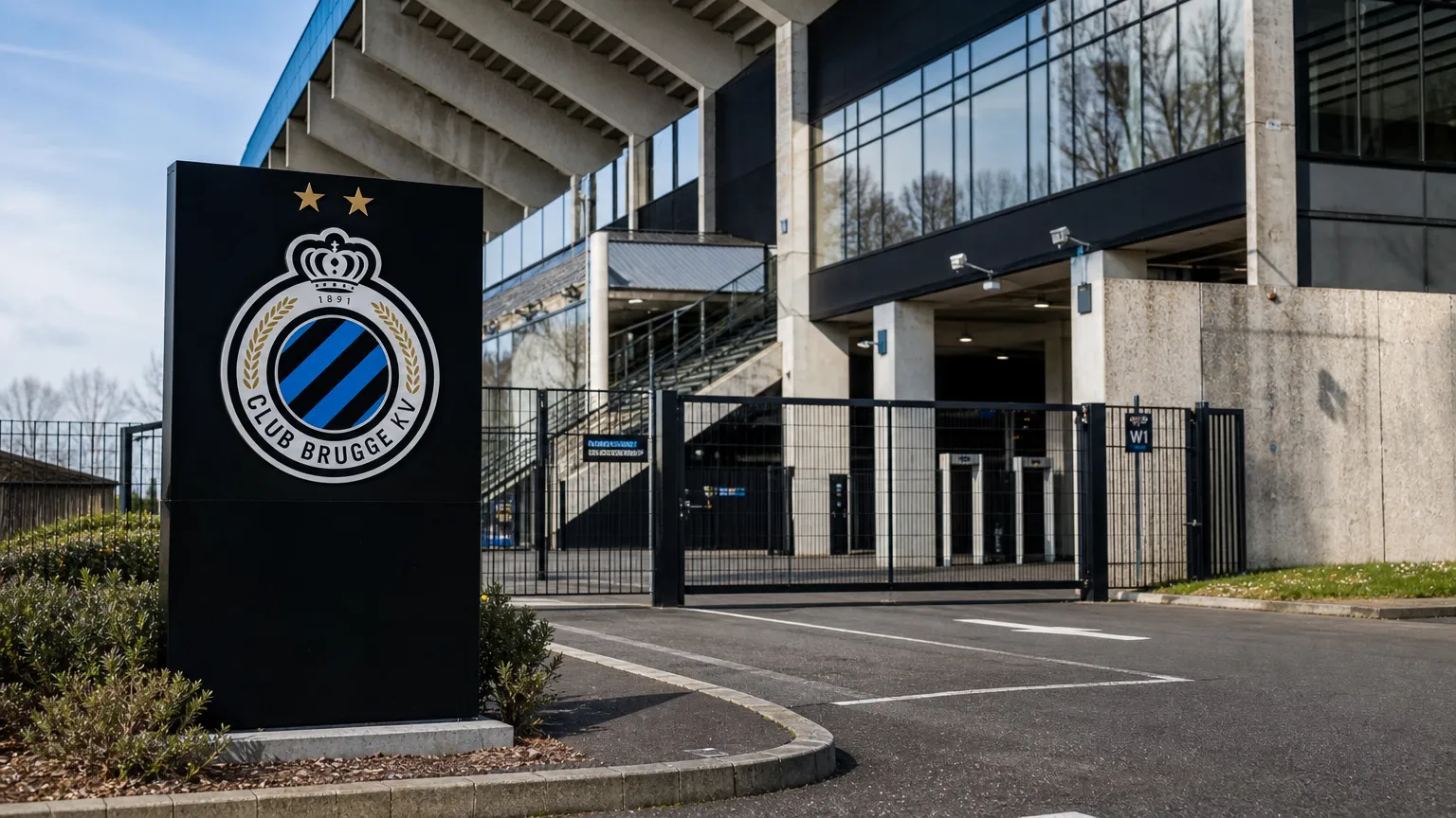 De ingang van een stadion met een discreet Club Brugge-clubanker.