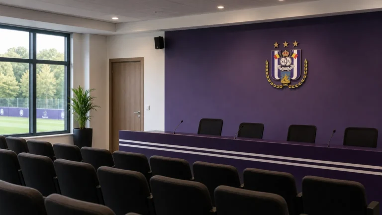 Een RSC Anderlecht-clubruimte met een discreet clubembleem aan de wand.