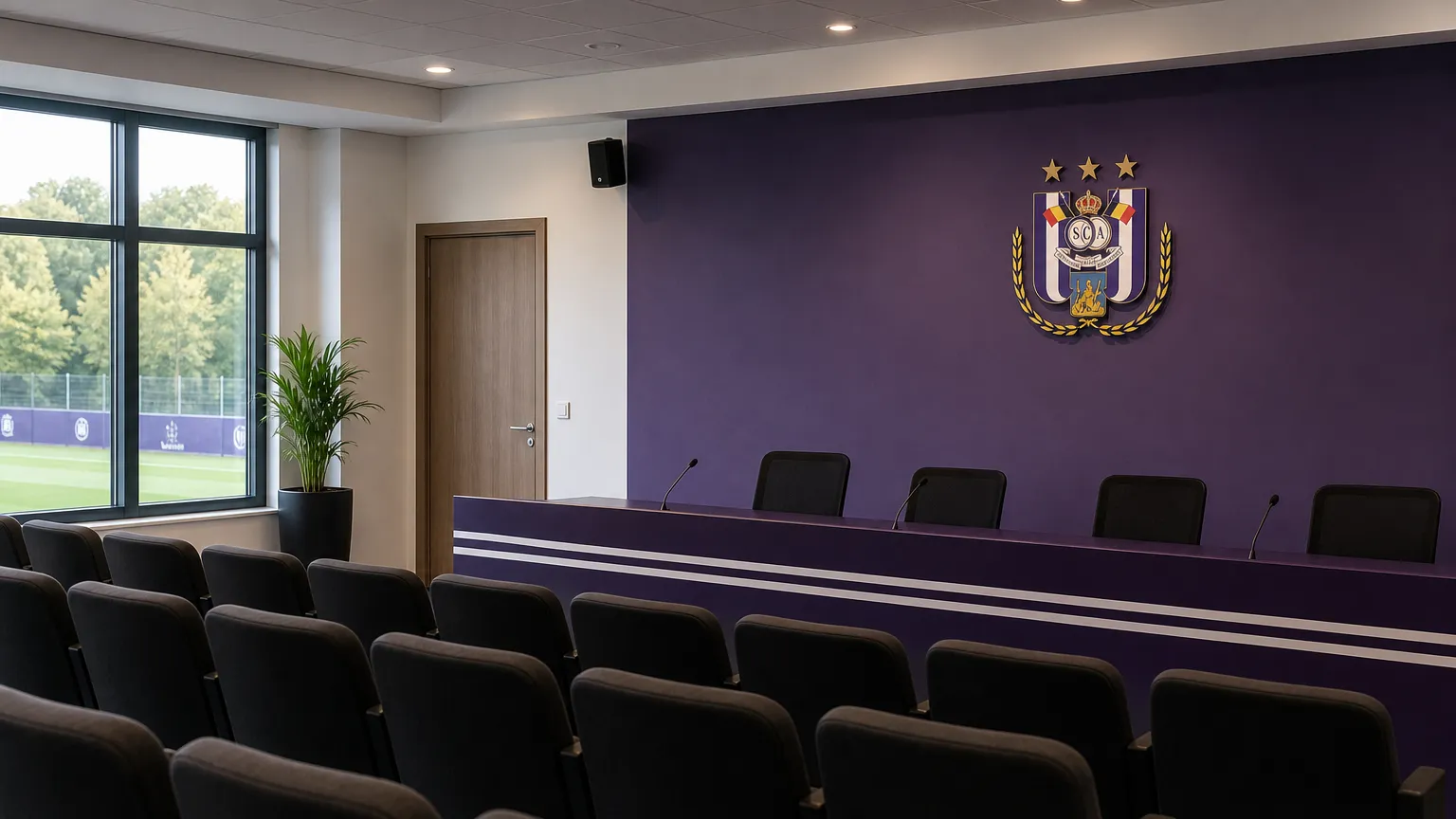 Een RSC Anderlecht-clubruimte met een discreet clubembleem aan de wand.