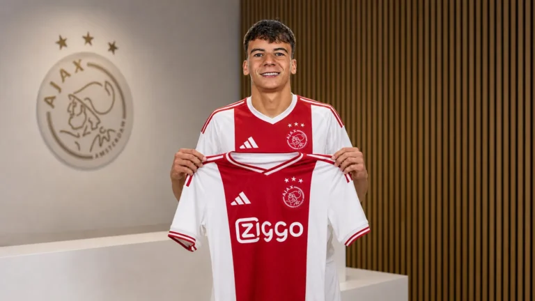Jofre Torrents poseert tijdens zijn officiële voorstelling als speler van Ajax.