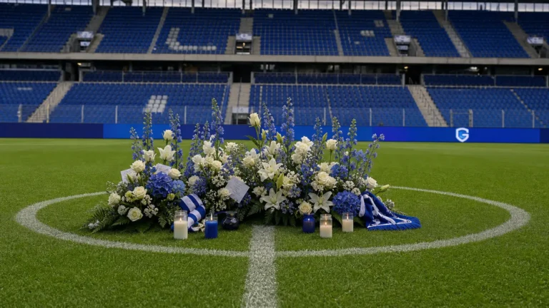 Bloemen bij een herdenkingsplek op het veld van de Cegeka Arena.