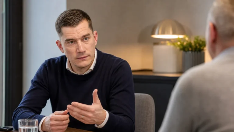 Jonathan Lardot luistert tijdens een gesprek over een scheidsrechtersbeslissing.