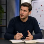 Een voetbalanalist bespreekt een transferdossier in een neutrale televisiestudio.