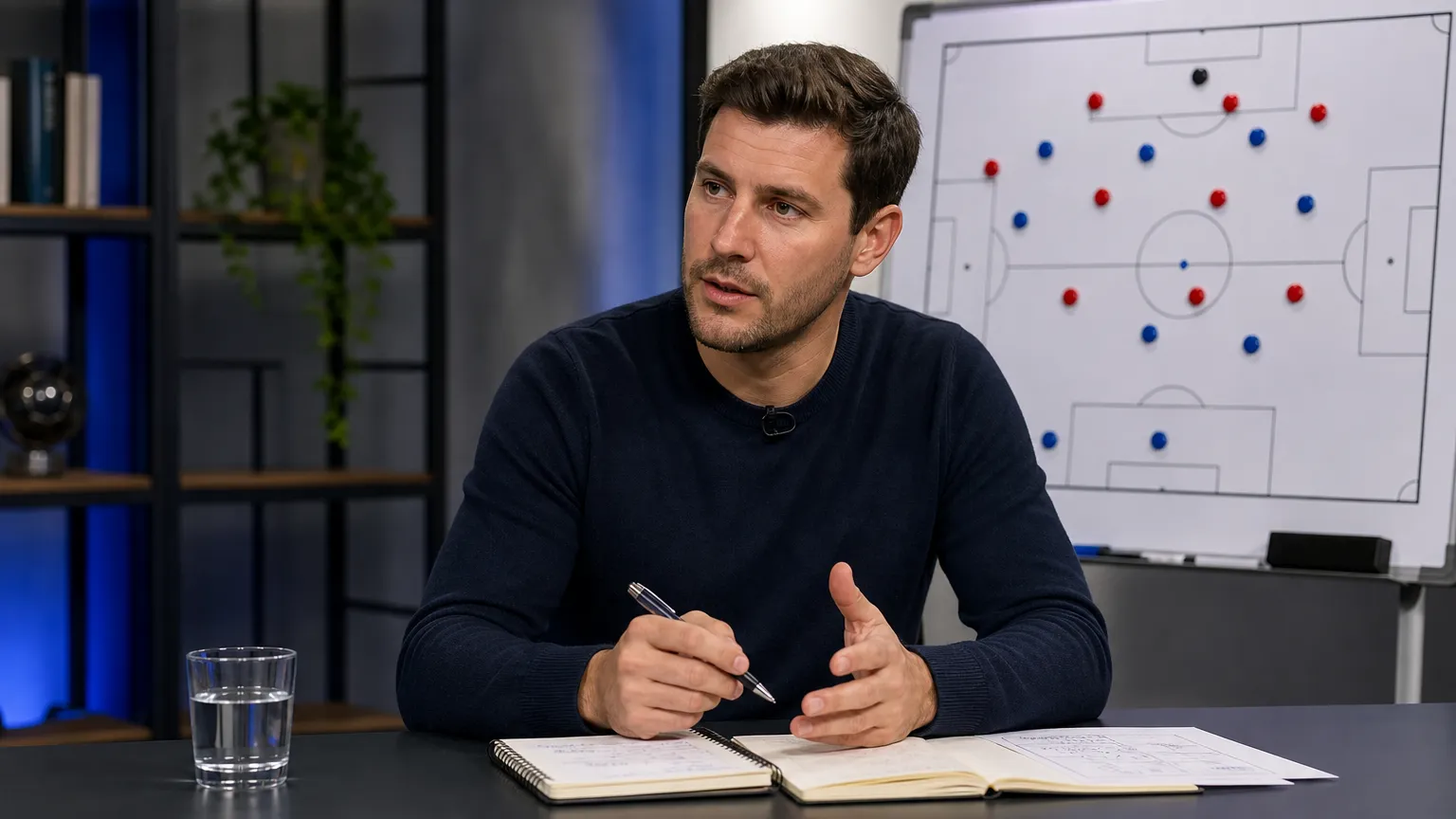 Een voetbalanalist bespreekt een transferdossier in een neutrale televisiestudio.
