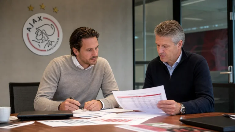 Medewerkers bespreken dossiers in een vergaderruimte van Ajax.