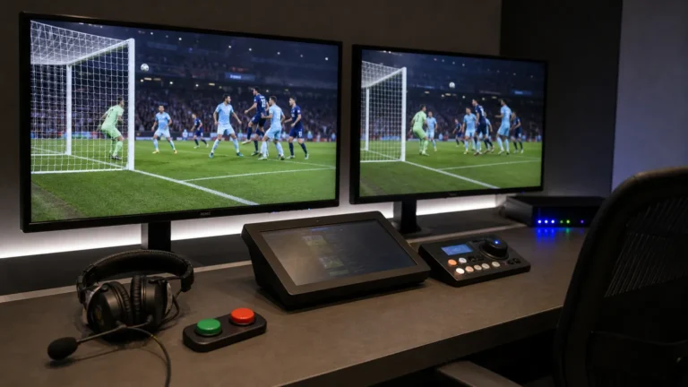 Een VAR-werkstation met beelden van een voetbaldoel op de schermen.