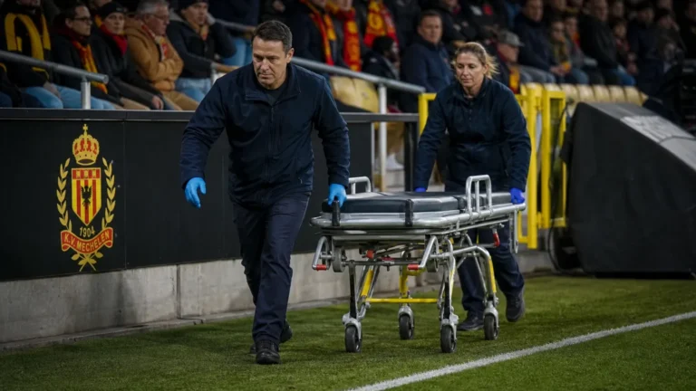 Medische staf rolt een brancard langs de zijlijn bij een wedstrijd van KV Mechelen.