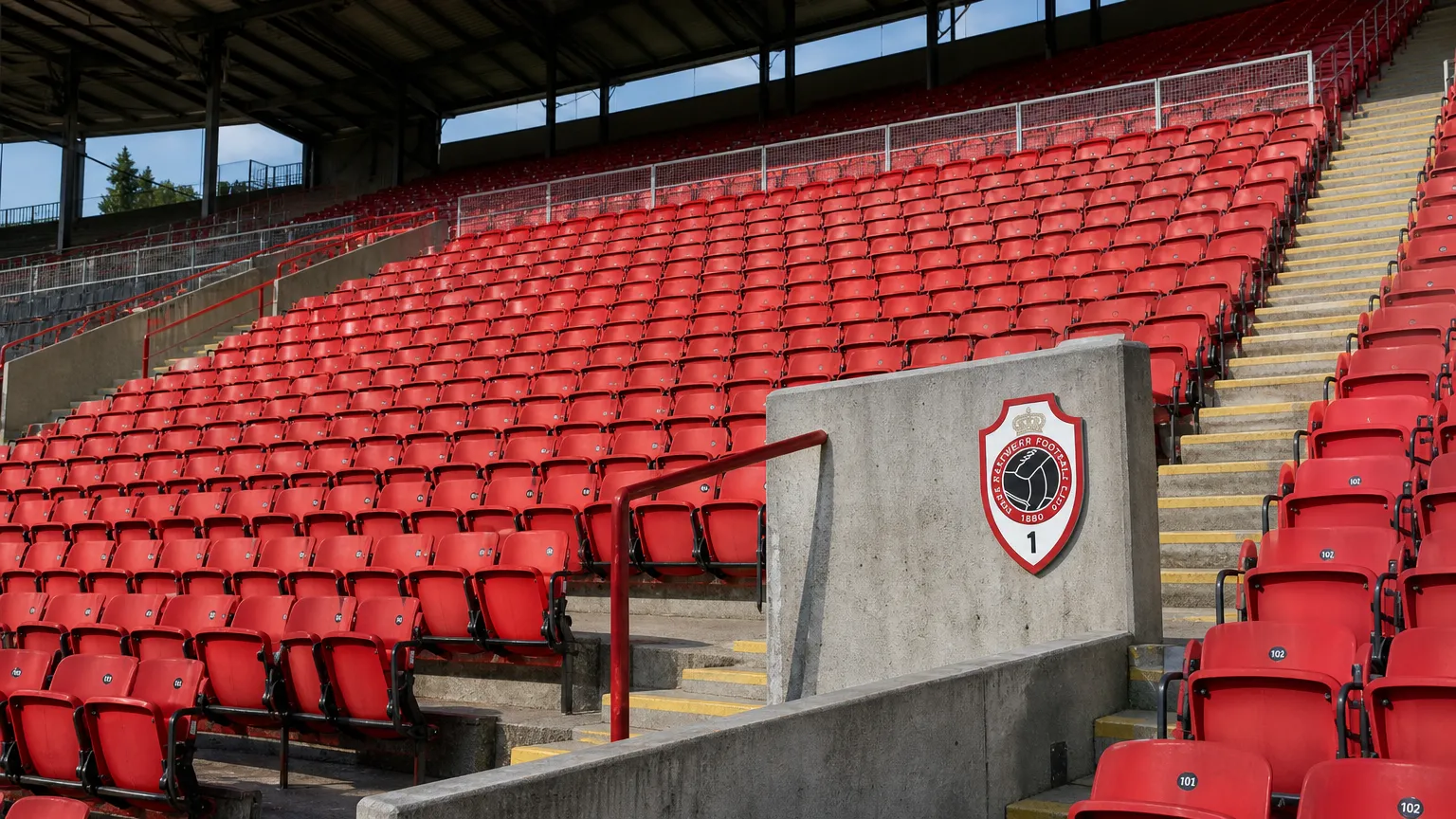Lege tribunezone in het Bosuilstadion met een discreet Royal Antwerp FC-clubanker.