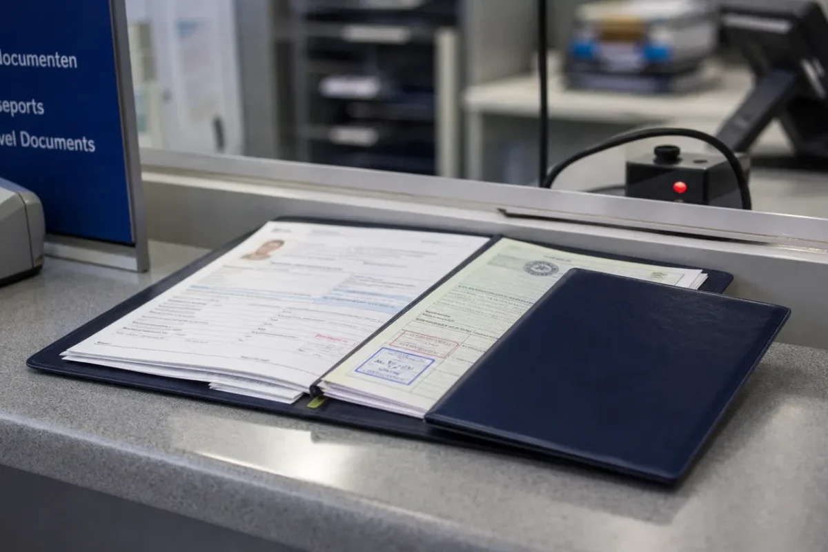 Documenten voor een visumaanvraag op een administratieve balie
