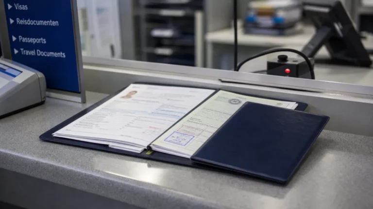 Documenten voor een visumaanvraag op een administratieve balie