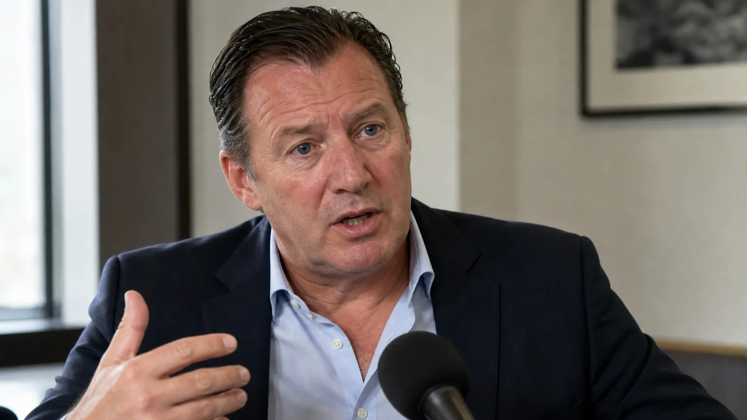 Marc Wilmots spreekt tijdens een neutraal persmoment in een binnenruimte.