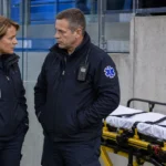Medische staf aan de zijlijn van een voetbalveld bij een KRC Genk-context.