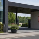 Ingang van het clubcomplex van Royal Antwerp FC met een discreet clubembleem aan de gevel.