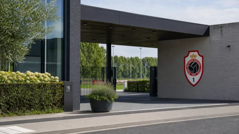 Ingang van het clubcomplex van Royal Antwerp FC met een discreet clubembleem aan de gevel.