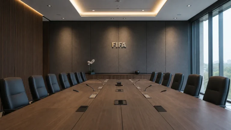 Lege vergaderruimte van de FIFA met één discreet FIFA-embleem aan de wand