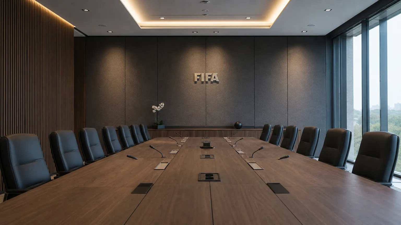 Lege vergaderruimte van de FIFA met één discreet FIFA-embleem aan de wand