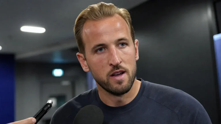 Harry Kane geeft een antwoord tijdens een persmoment in een neutrale stadionomgeving.