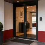 De ingang van een operationele ruimte op de Bosuil met een discreet Royal Antwerp FC-clubanker.