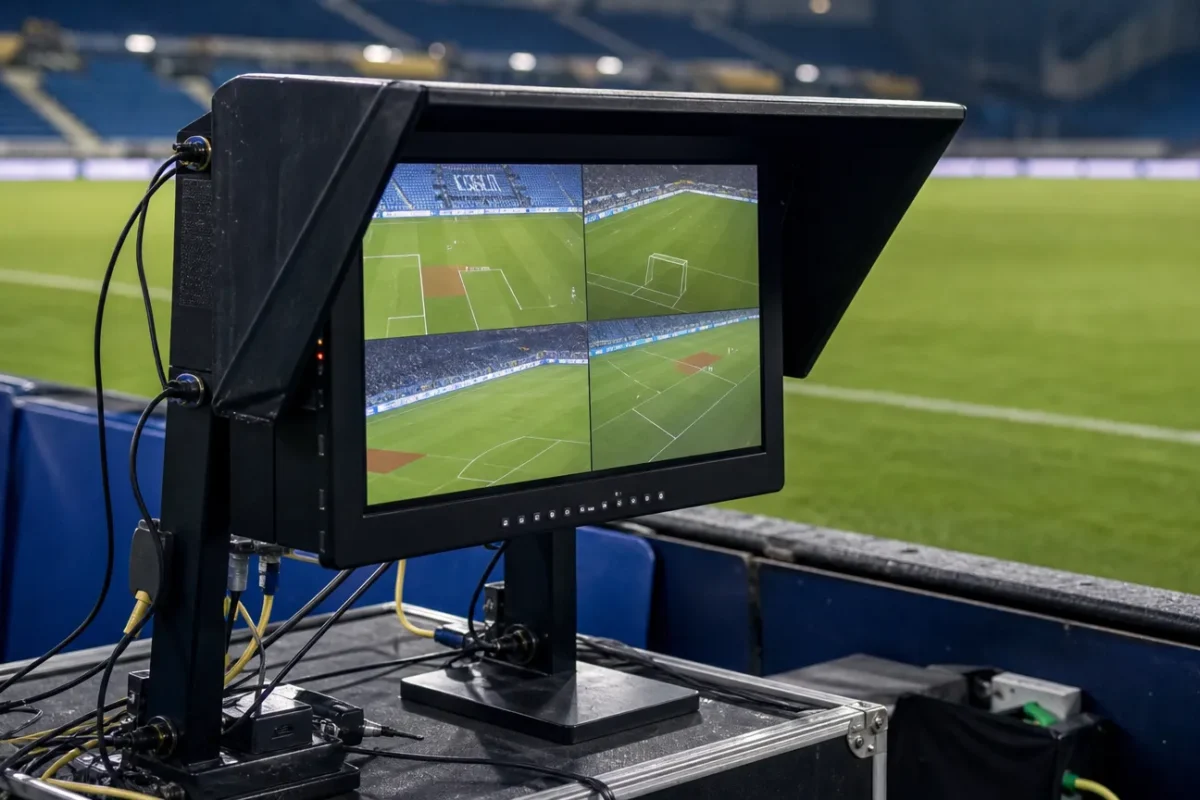 Een VAR-monitor naast het veld in een voetbalstadion.