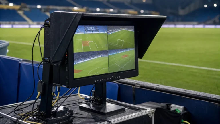 Een VAR-monitor naast het veld in een voetbalstadion.