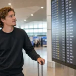 Fedde Leysen in neutrale sportkleding in een vertrekhal van een luchthaven.