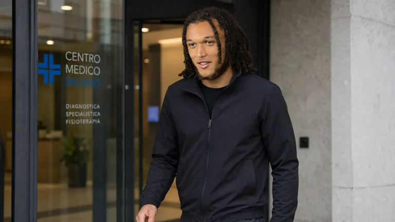 Diego Moreira in een neutrale sportjas bij de ingang van een medische kliniek in Milaan.