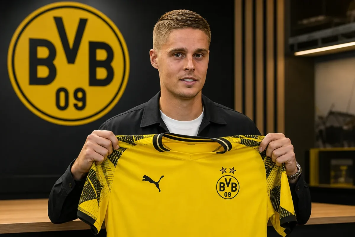 Joey Veerman poseert met het shirt van Borussia Dortmund tijdens een officiële clubpresentatie.