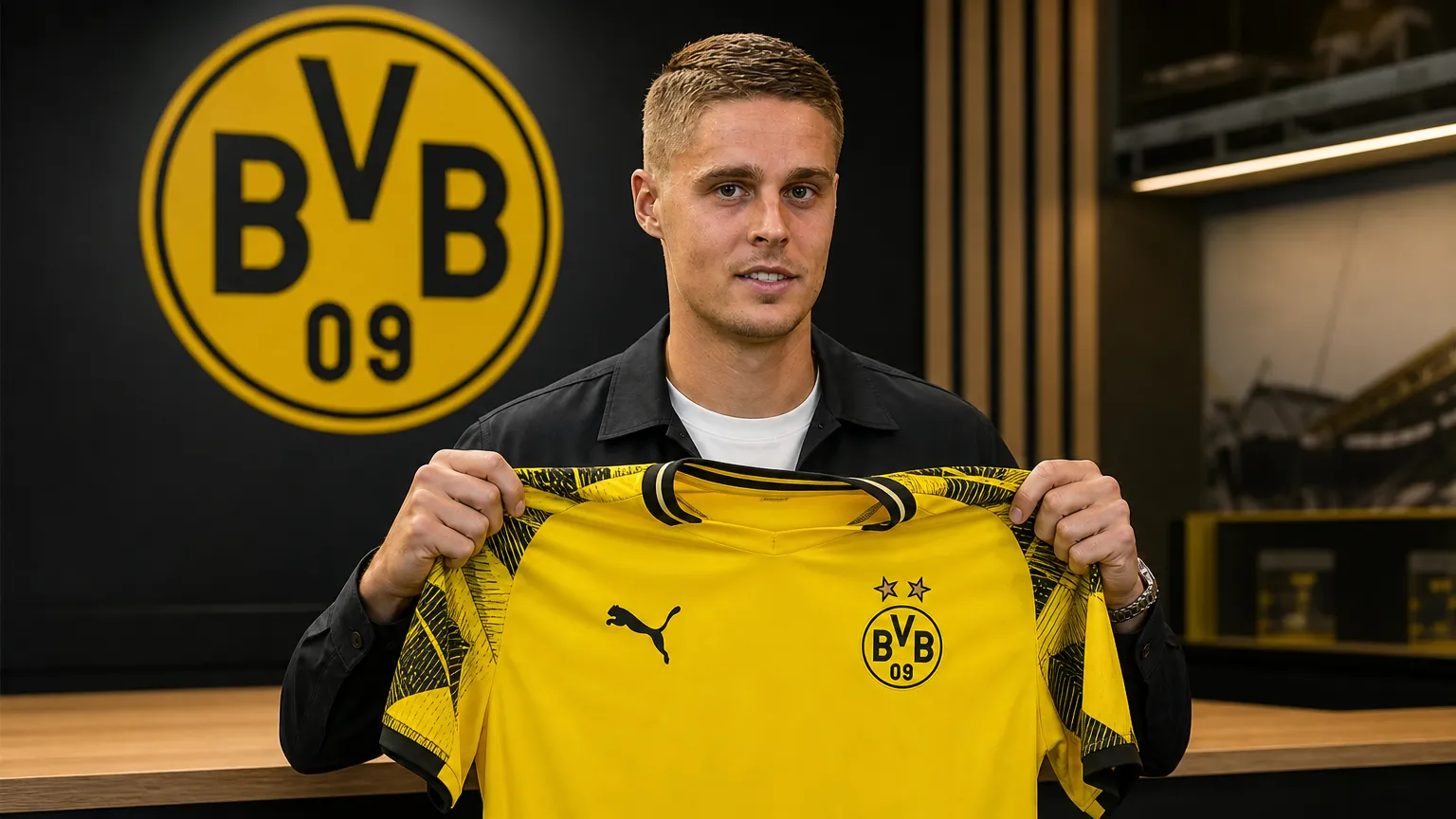Joey Veerman poseert met het shirt van Borussia Dortmund tijdens een officiƫle clubpresentatie.