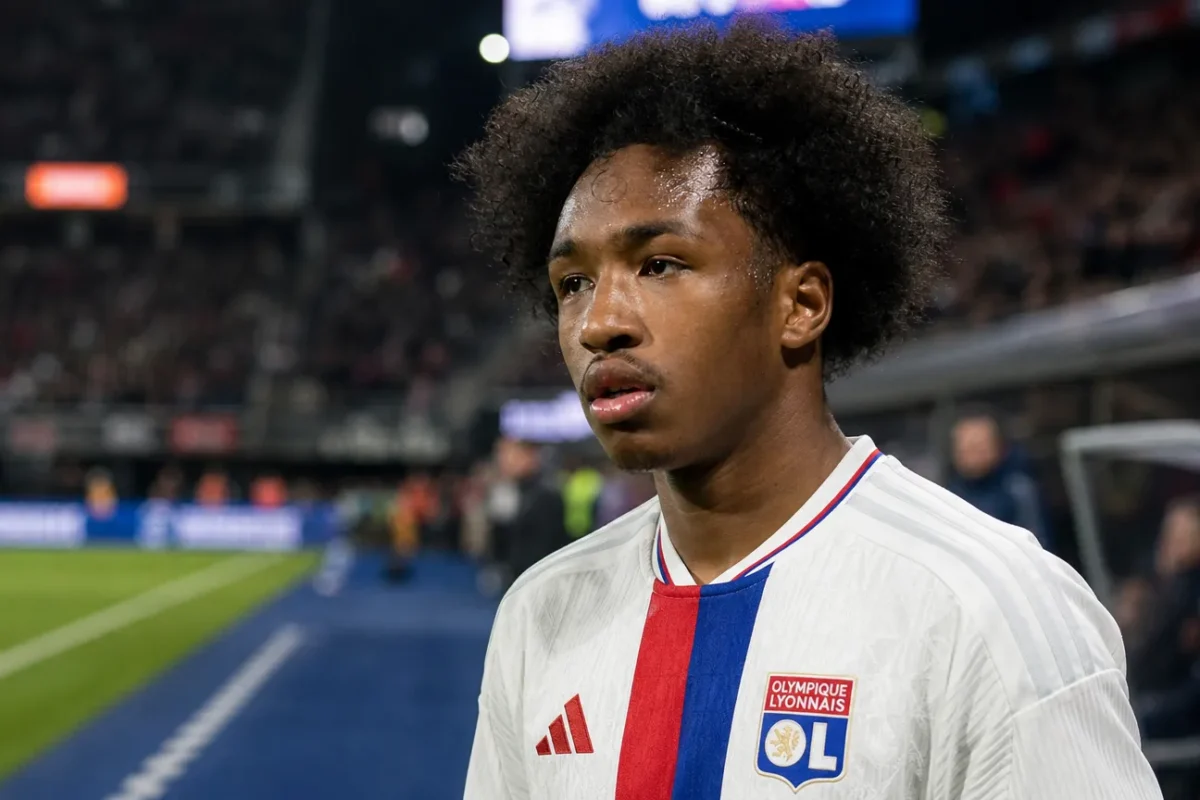 Malick Fofana in een witte spelersshirt in een stadionomgeving.