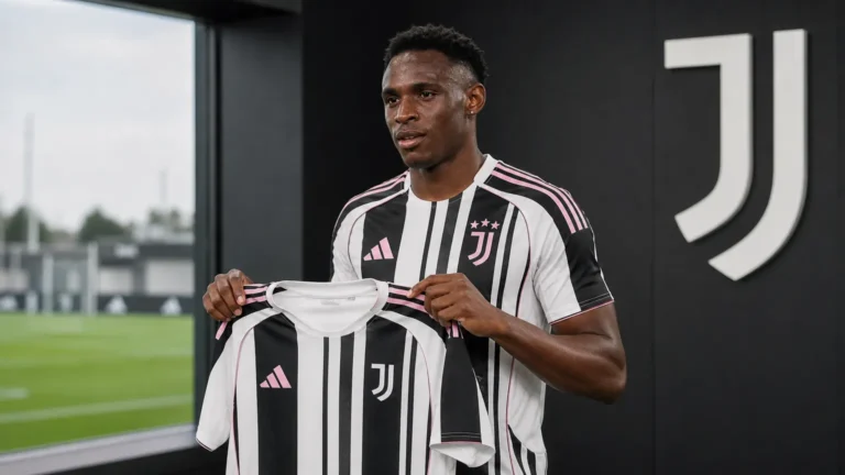 Jhon Lucumí poseert met een Juventus-shirt tijdens een officiële clubpresentatie.