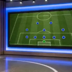 Een digitaal tactiekbord in een voetbalanalysestudio met een defensieve opstelling.
