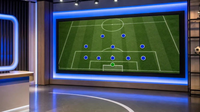 Een digitaal tactiekbord in een voetbalanalysestudio met een defensieve opstelling.