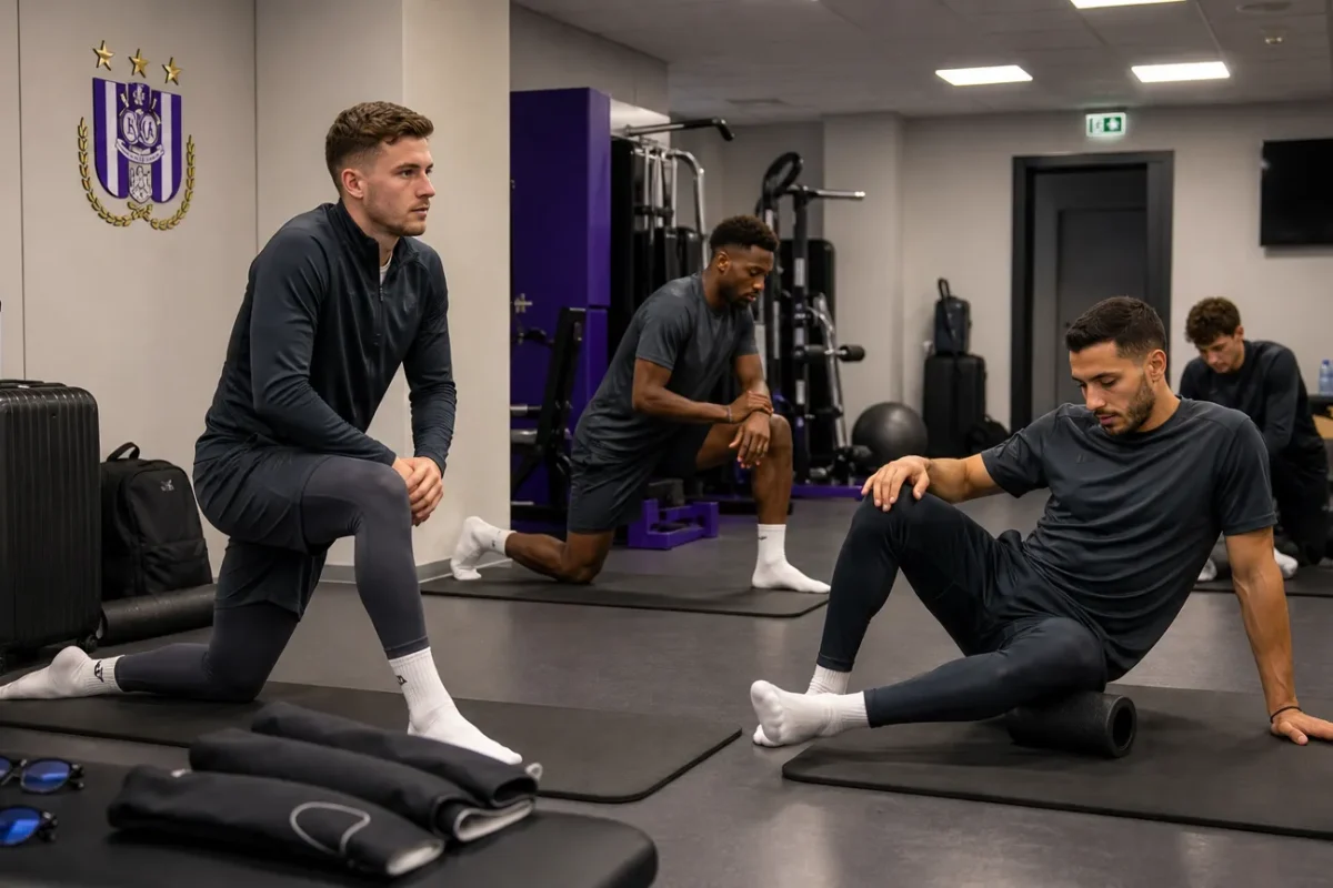 Spelers van RSC Anderlecht doen activatieoefeningen in een rustige herstelruimte.