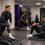 Spelers van RSC Anderlecht doen activatieoefeningen in een rustige herstelruimte.