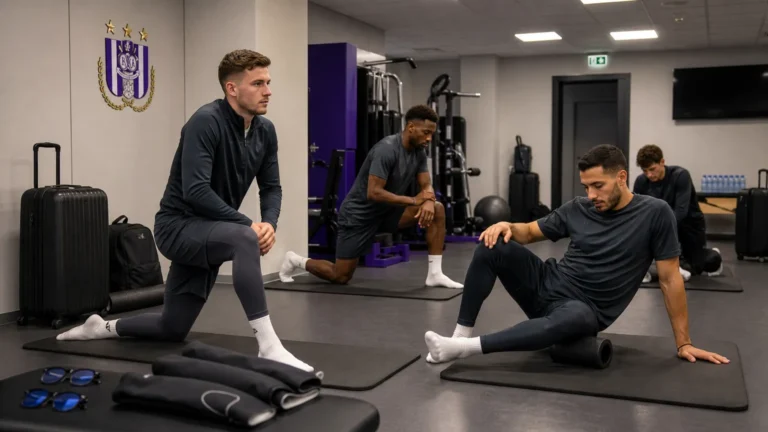 Spelers van RSC Anderlecht doen activatieoefeningen in een rustige herstelruimte.