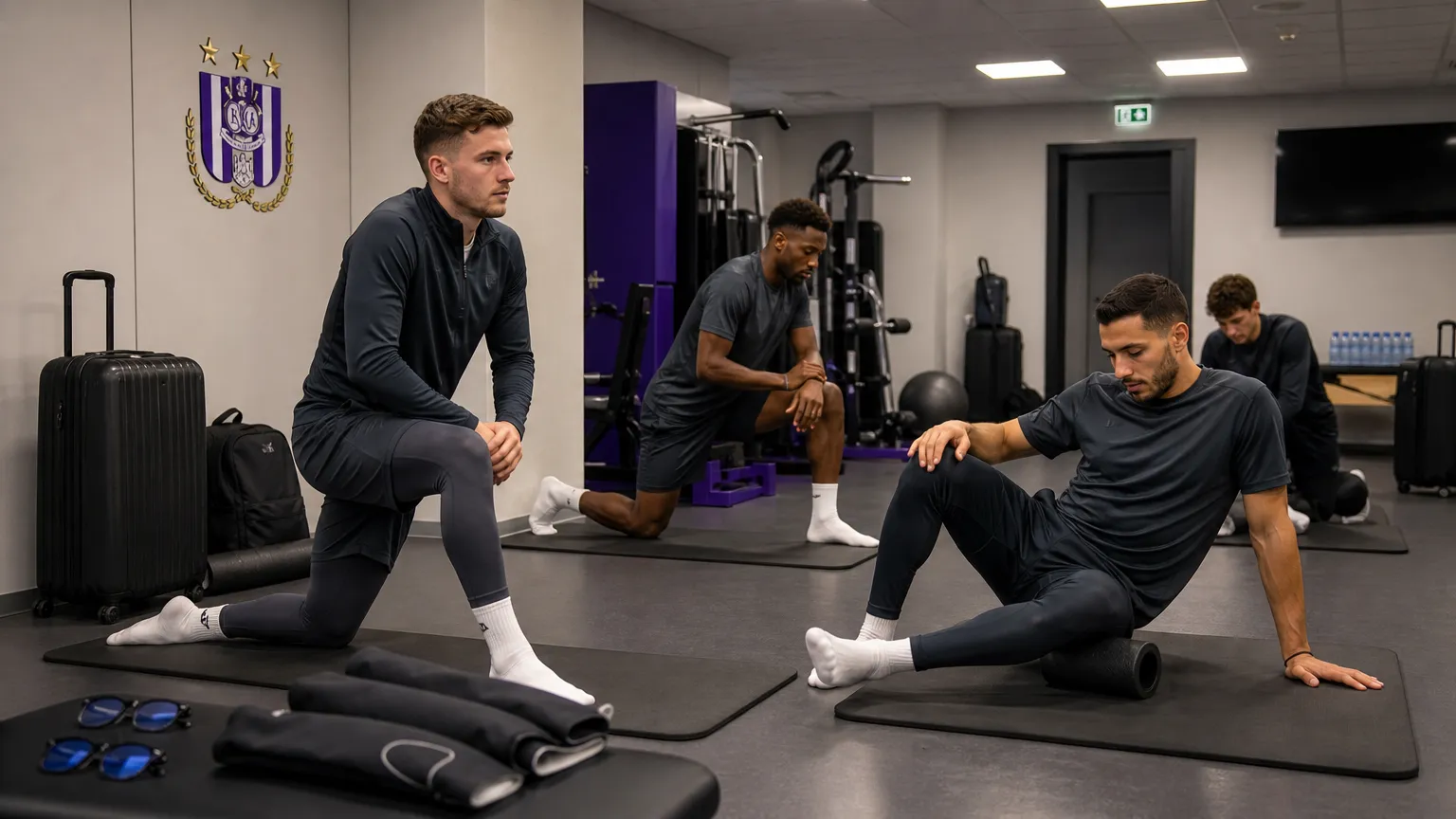 Spelers van RSC Anderlecht doen activatieoefeningen in een rustige herstelruimte.