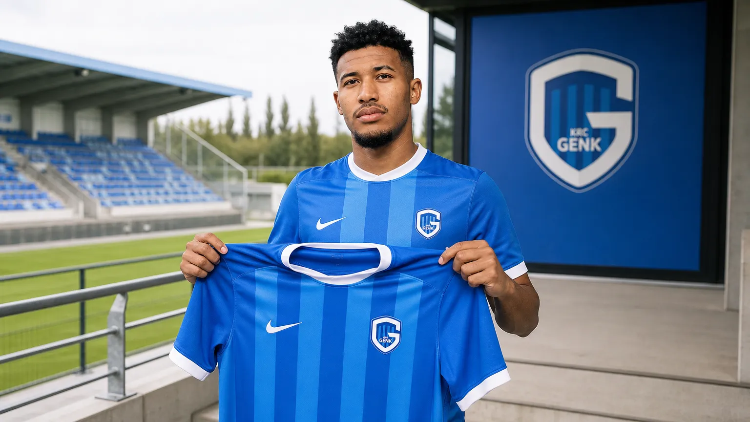 Kevin Amaro poseert met een KRC Genk-shirt tijdens zijn officiƫle voorstelling.