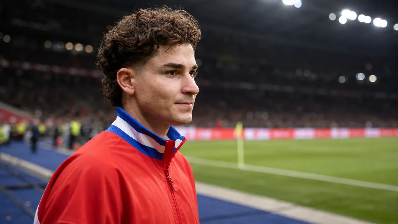 Julián Álvarez in een rode sportjas aan de rand van een voetbalveld.