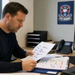 Een medewerker bekijkt een competitieplanning in een administratieve ruimte van FCV Dender.