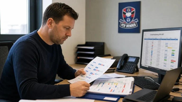 Een medewerker bekijkt een competitieplanning in een administratieve ruimte van FCV Dender.